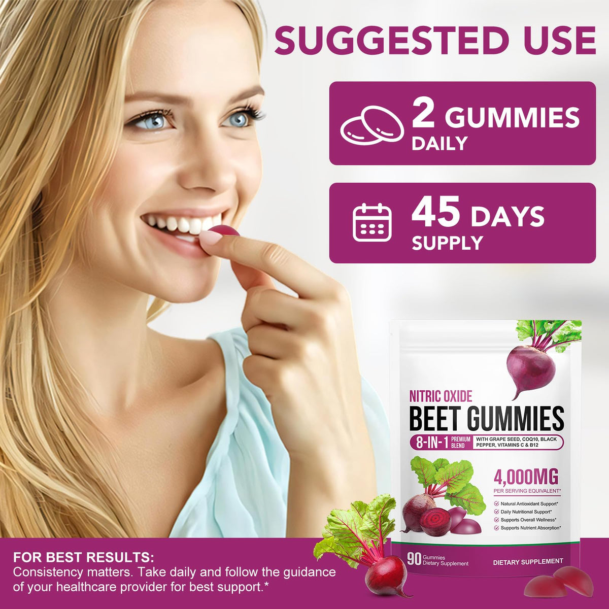 Beetroot Gummies 90 Gummies Beetroot Extract Supplement with COQ10 Vitamin C B12 Grape Seed Extract M348