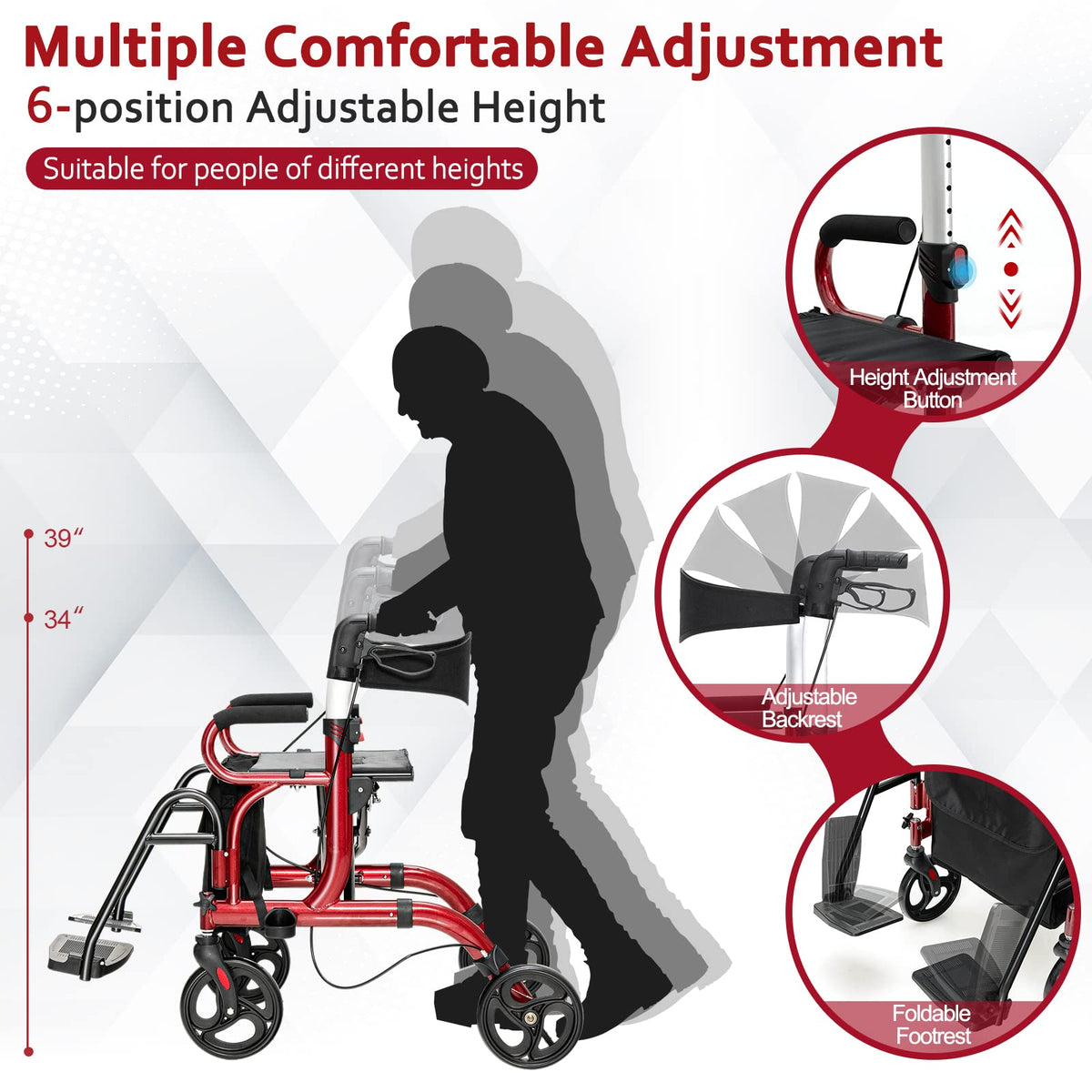 2-in-1 Folding Rollator Walker with Seat, Red O7911