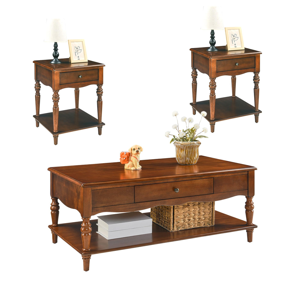 Caramel Brown Coffee Table and Two End Tables with Storage Drawer O2095