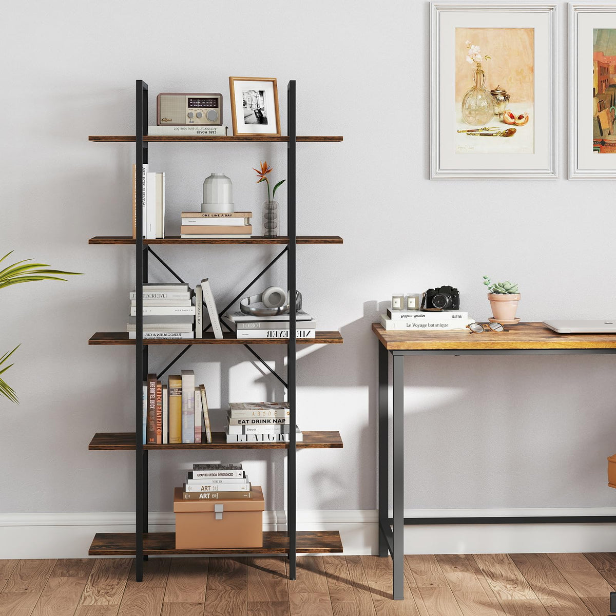 5-Tier Rustic Brown Bookshelf with Metal Frame O71961