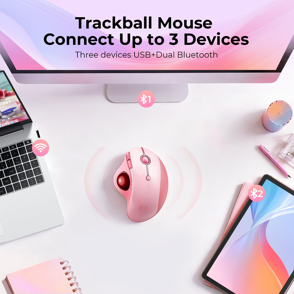 Wireless Ergonomic Pink Trackball Mouse T65678