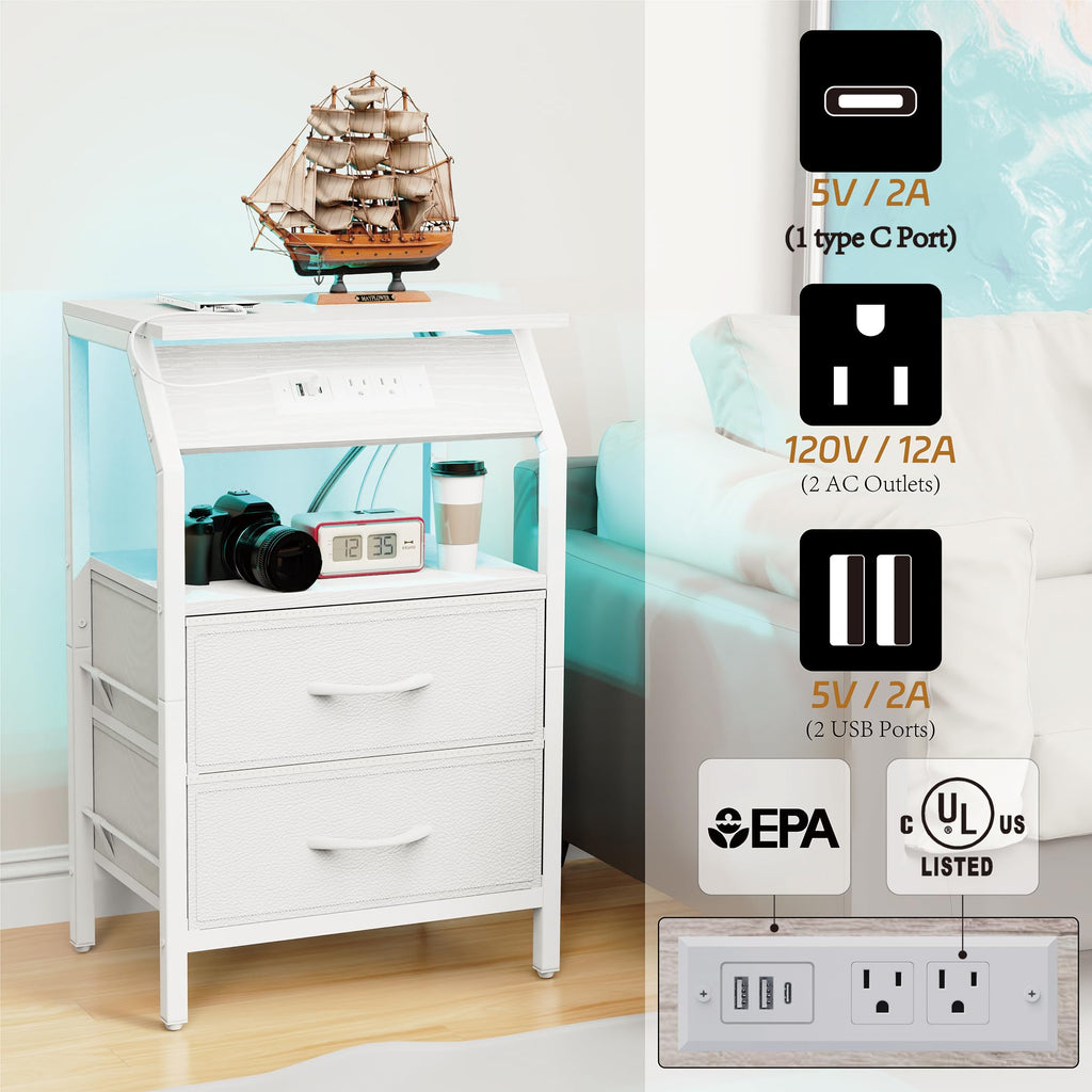 End Table with LED Lights, 2 Fabric Drawers and Charging Station Y856