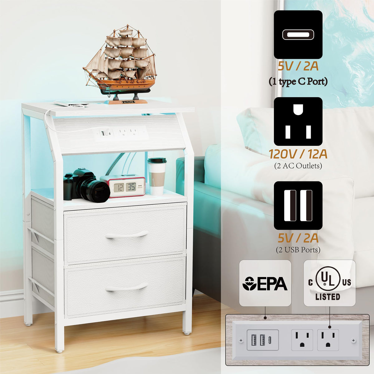 End Table with LED Lights, 2 Fabric Drawers and Charging Station Y856