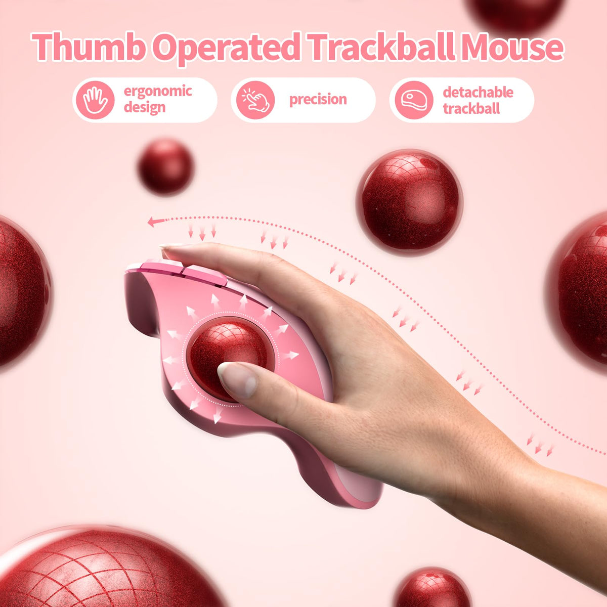 Wireless Ergonomic Pink Trackball Mouse T65678