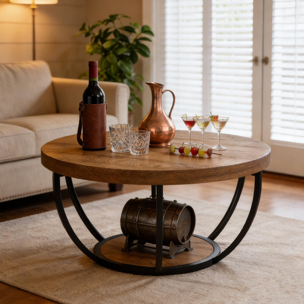 Round 2-Tier Wood Coffee Table with Storage P758