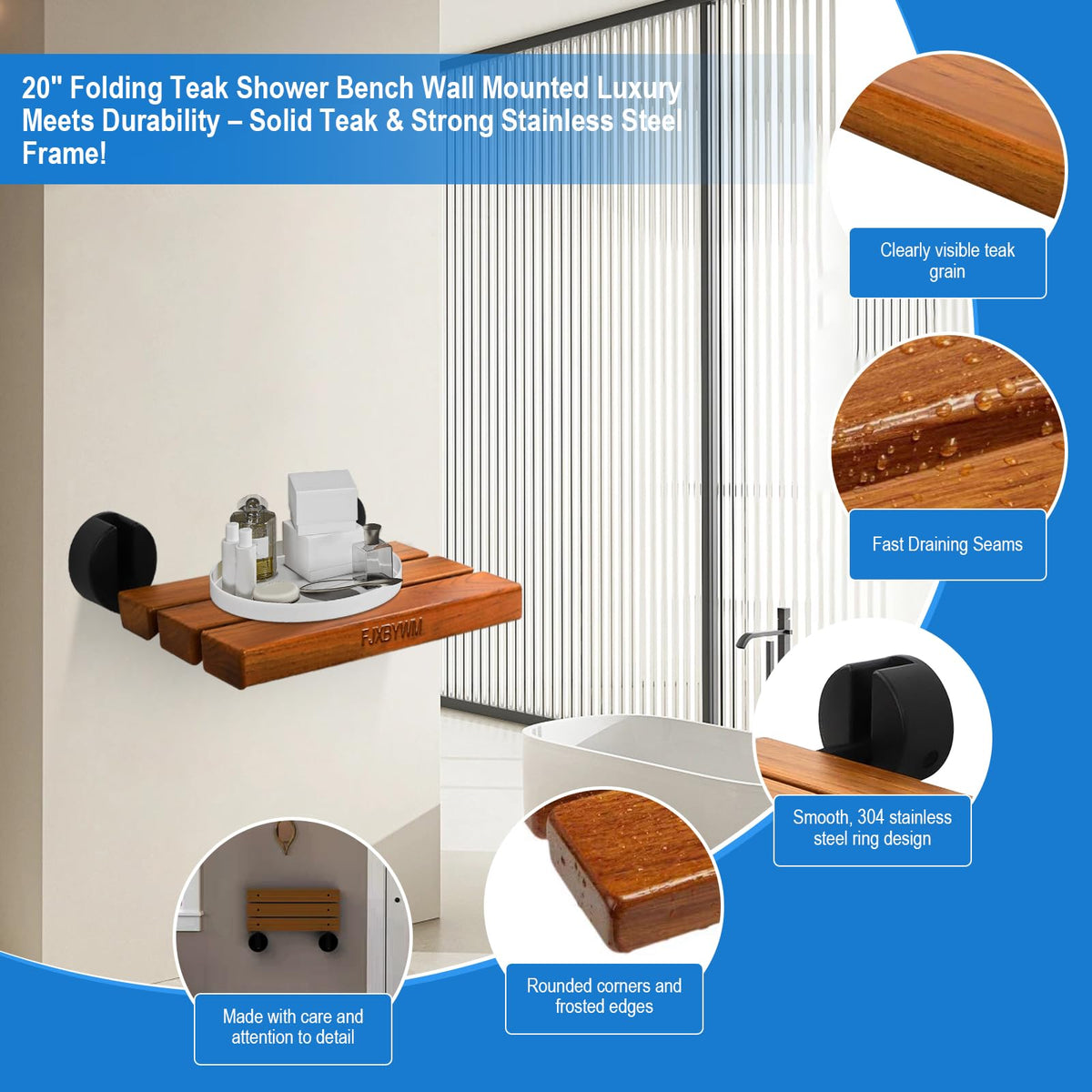 20" Teak Wall Mounted Fold Down Shower Seat 400 lbs Capacity G4912