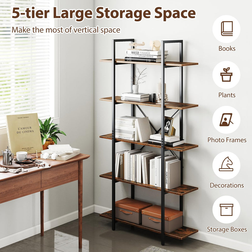 5-Tier Rustic Brown Bookshelf with Metal Frame O71961