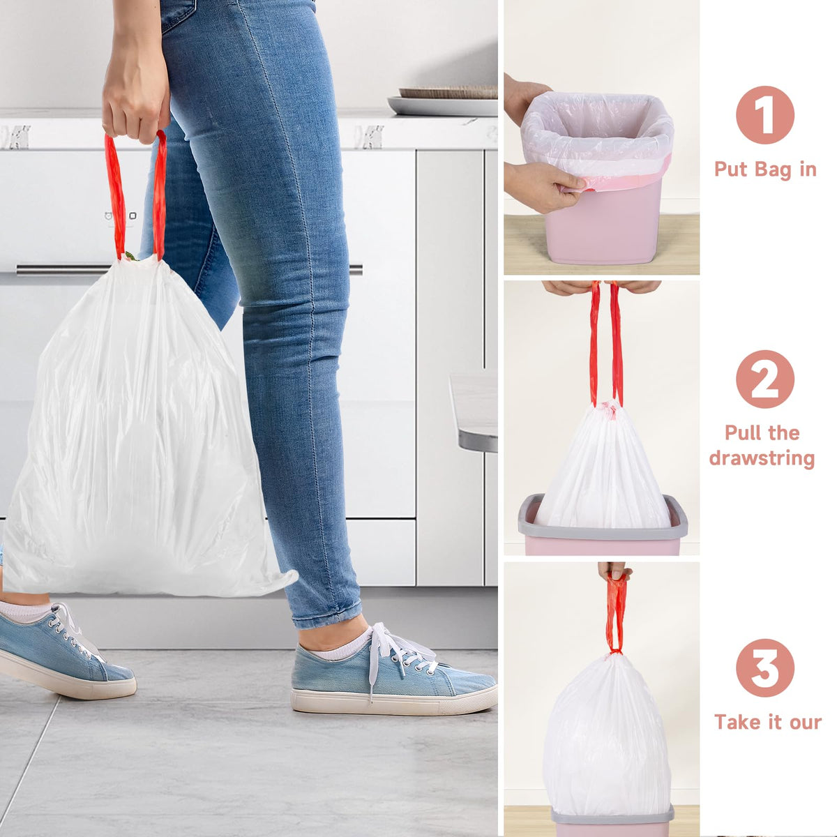 2 Gallon White Drawstring Trash Bags 60 Count V5366