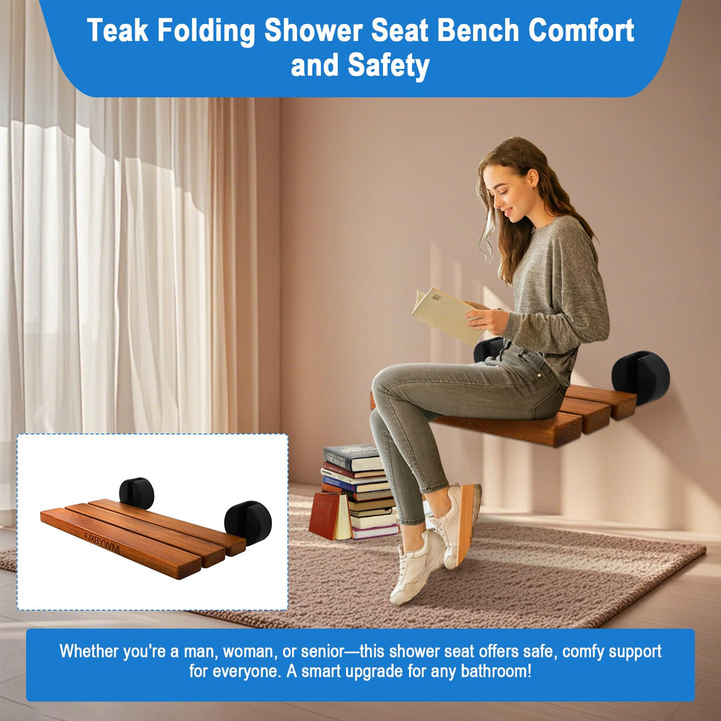 20" Teak Wall Mounted Fold Down Shower Seat 400 lbs Capacity G4912
