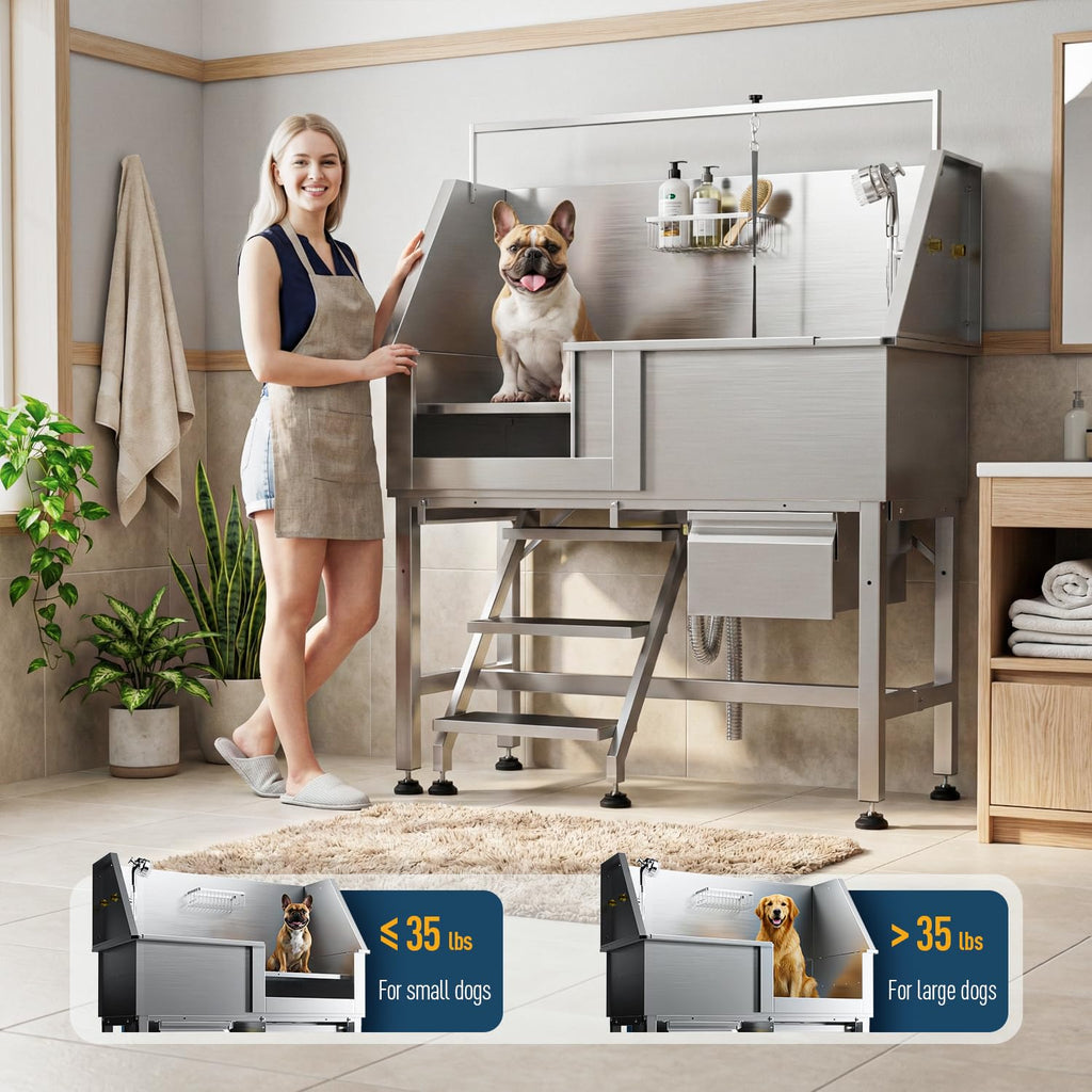 46" Stainless Steel Dog Washing Station with Removable Left Ramp & Storage Drawer H3141