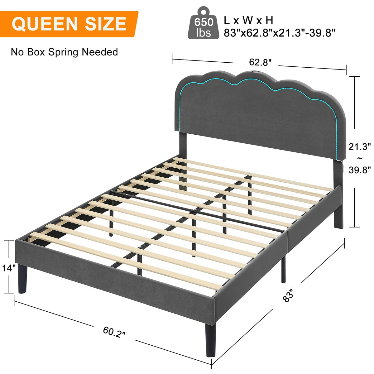 Queen Size Velvet Upholstered Platform Bed Frame with Headboard E433