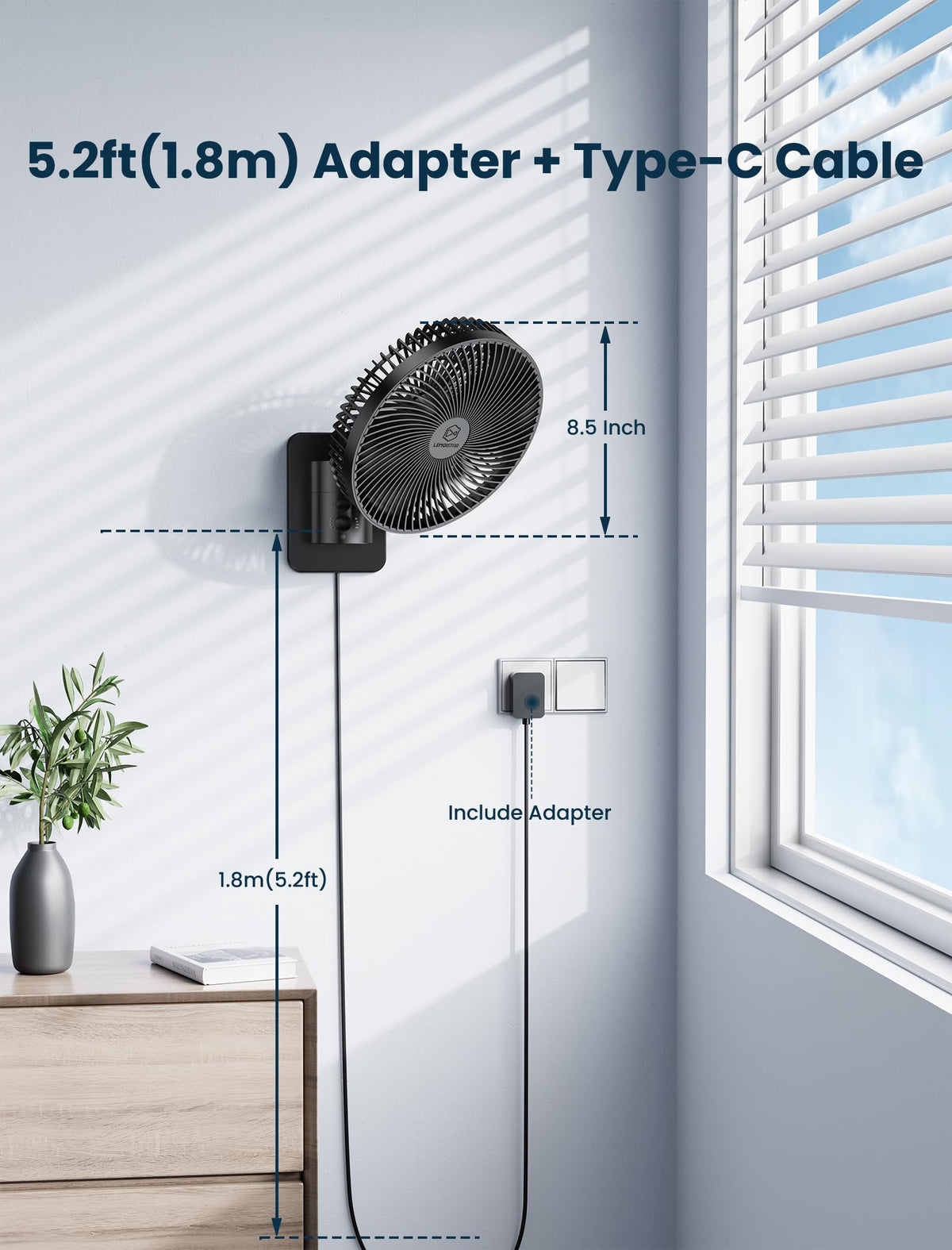 8.5-Inch Quiet Wall-Mounted Oscillation Fan with Remote & Timer J7077