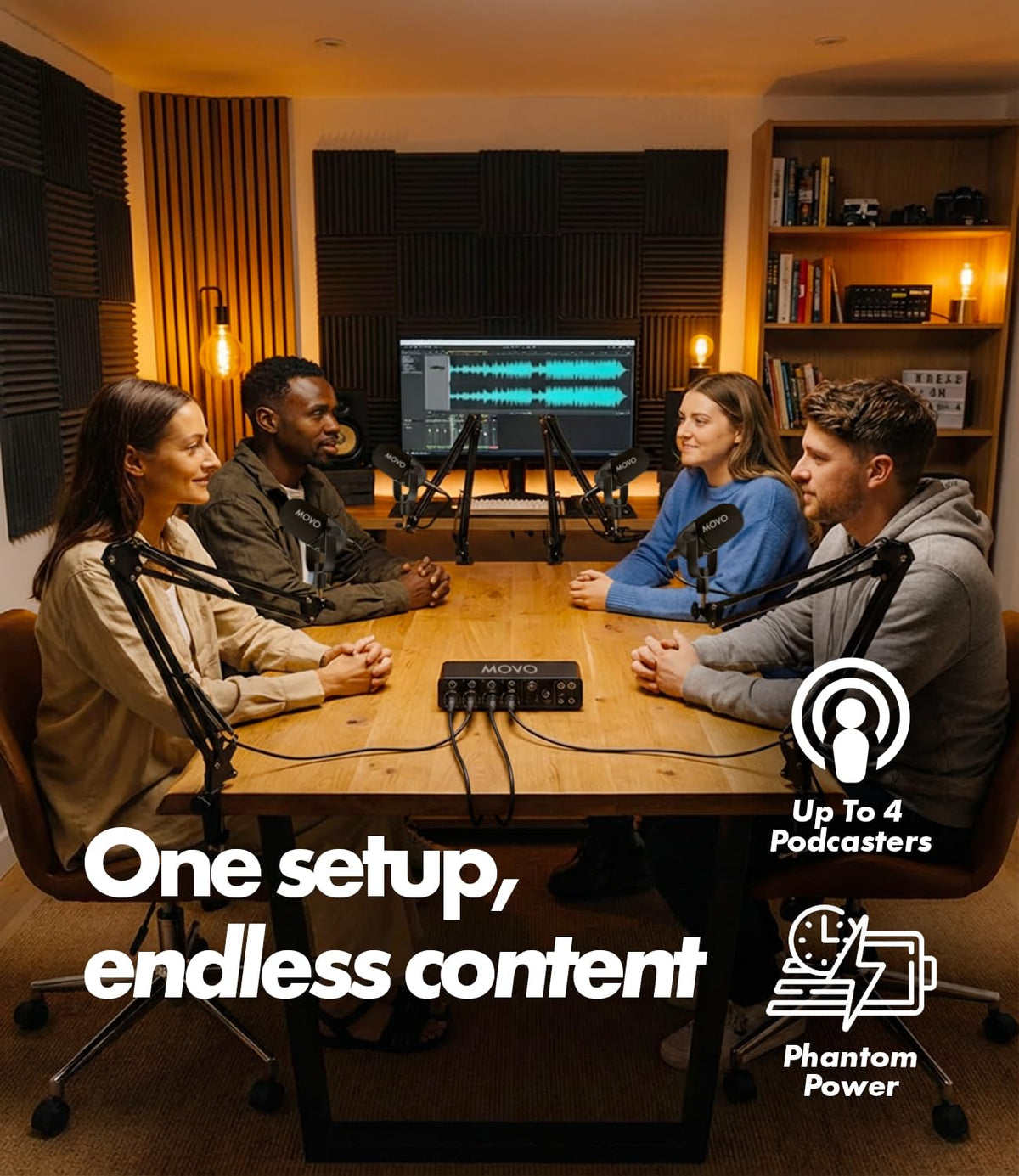4-Person Podcast Equipment Bundle with 4-Channel USB Audio Interface and 4 Dynamic Microphones Z1885