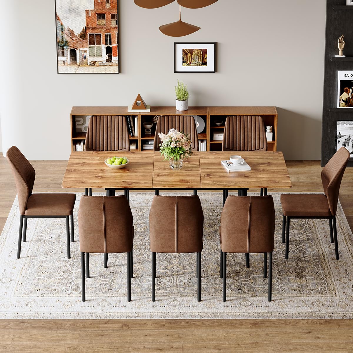 Extendable Dining Table Set for 8 Wood Upholstered Chairs N126