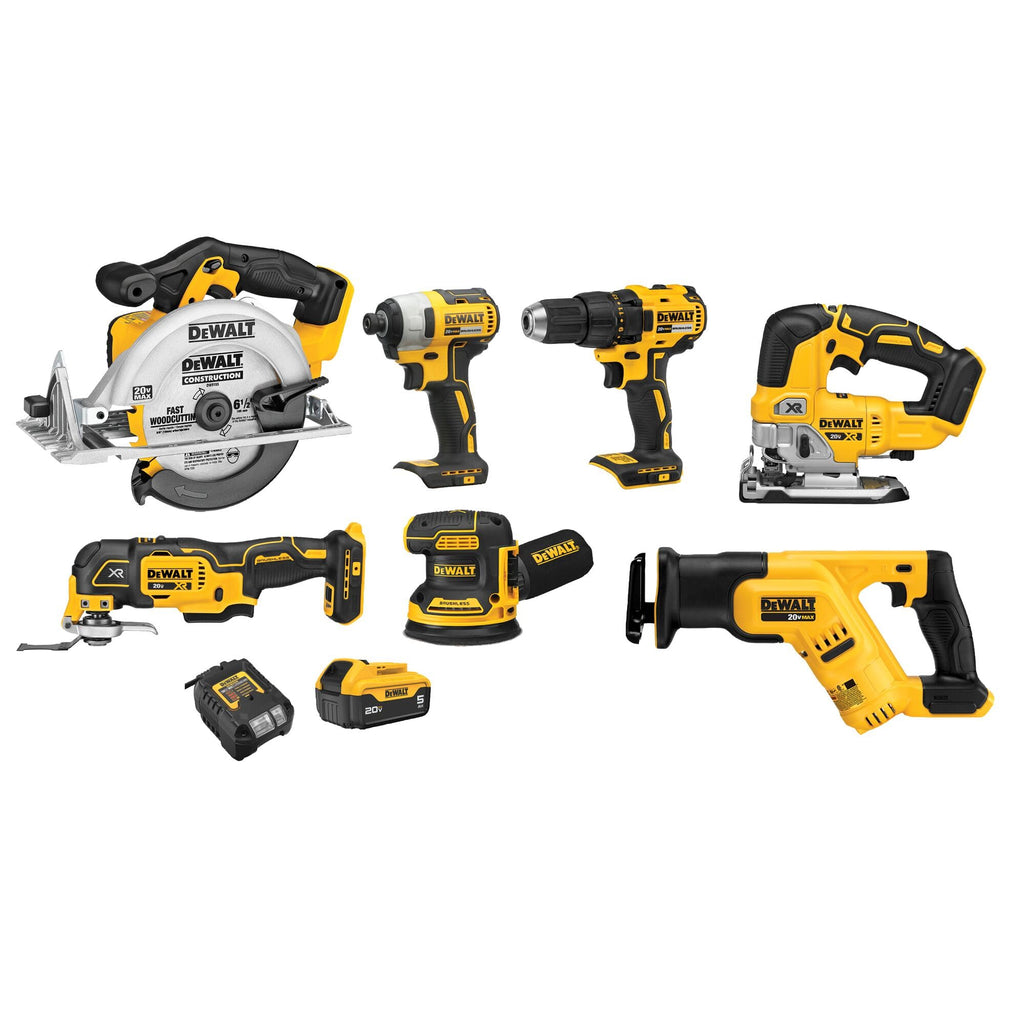 20V MAX 7-Tool Combo Kit with Cordless Drill, Impact Driver, Reciprocating Saw, Circular Saw, Oscillating Tool, Random Orbital Sander, Jigsaw, 5Ah Battery and Charger L533676