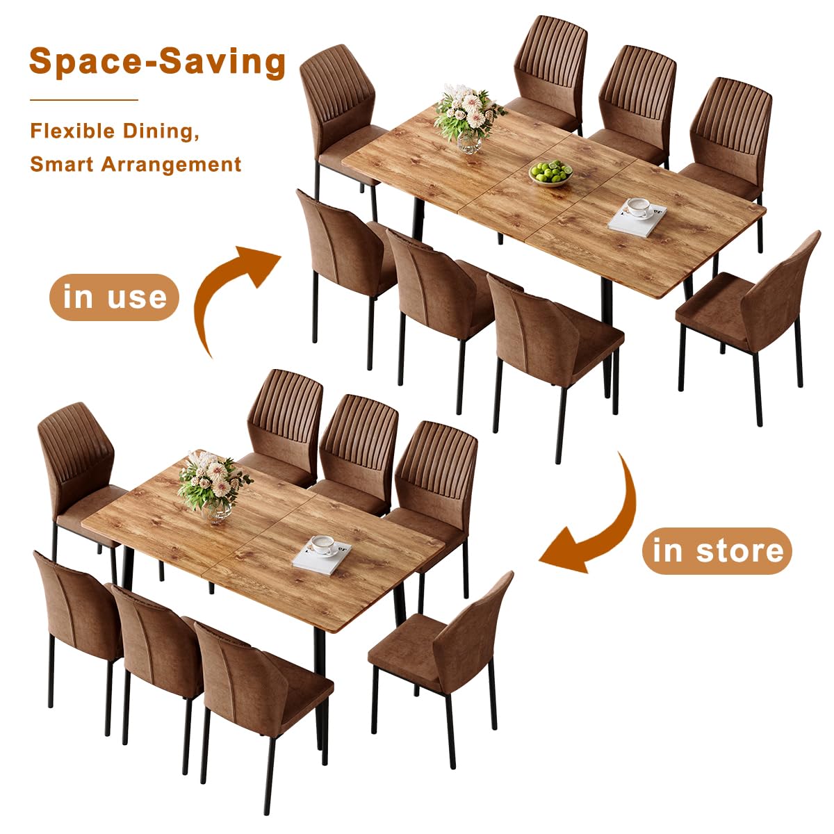 Extendable Dining Table Set for 8 Wood Upholstered Chairs N126
