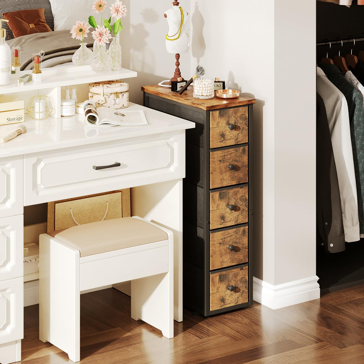 Narrow 5 Fabric Drawers Rustic Brown Dresser N74321