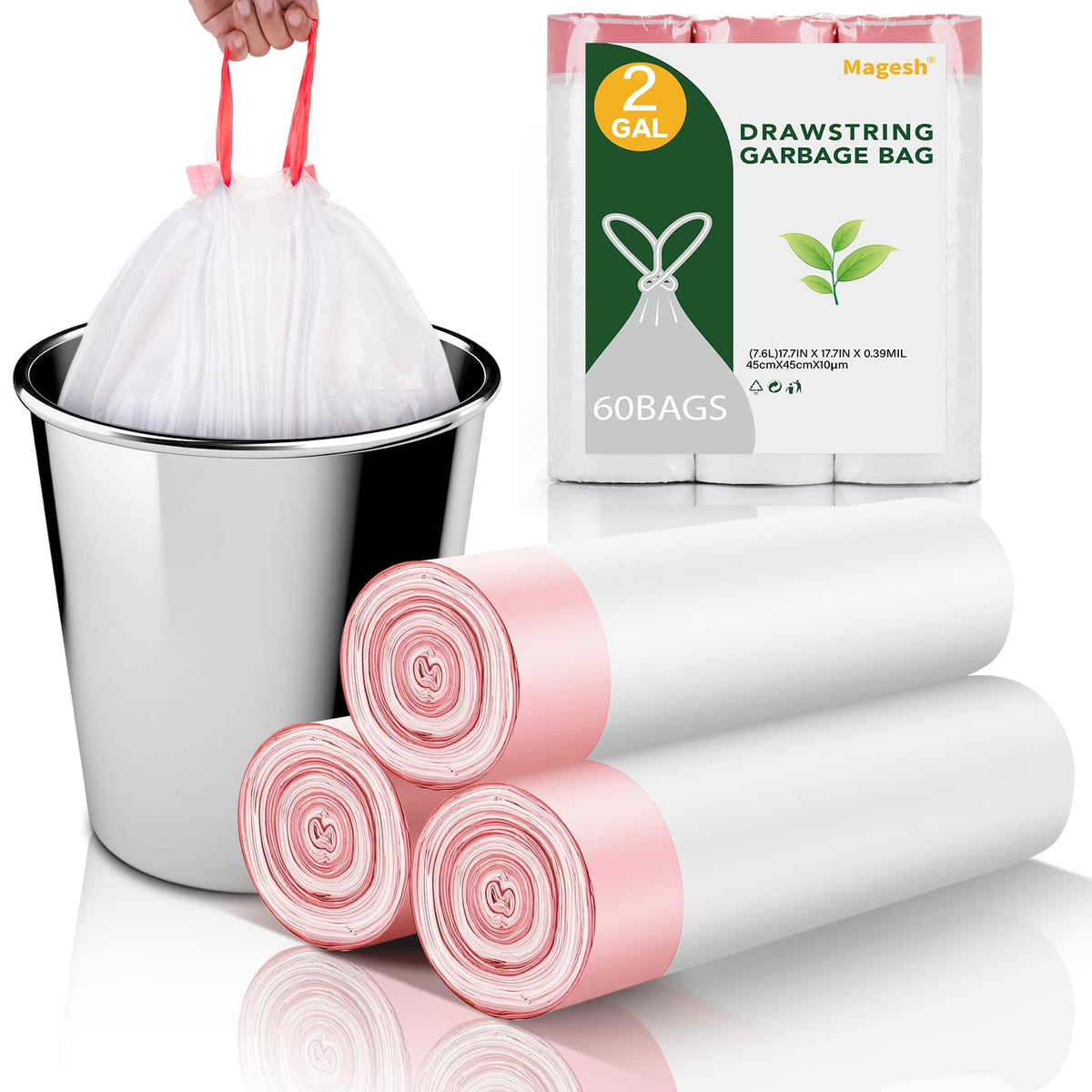 2 Gallon White Drawstring Trash Bags 60 Count V5366