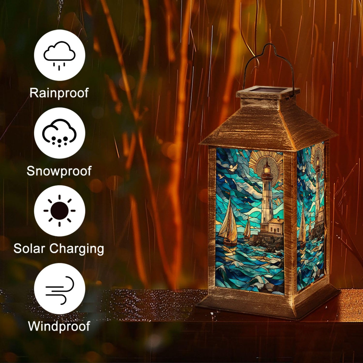 Solar Lantern Stained Glass Outdoor Waterproof Hanging Solar Light F955148