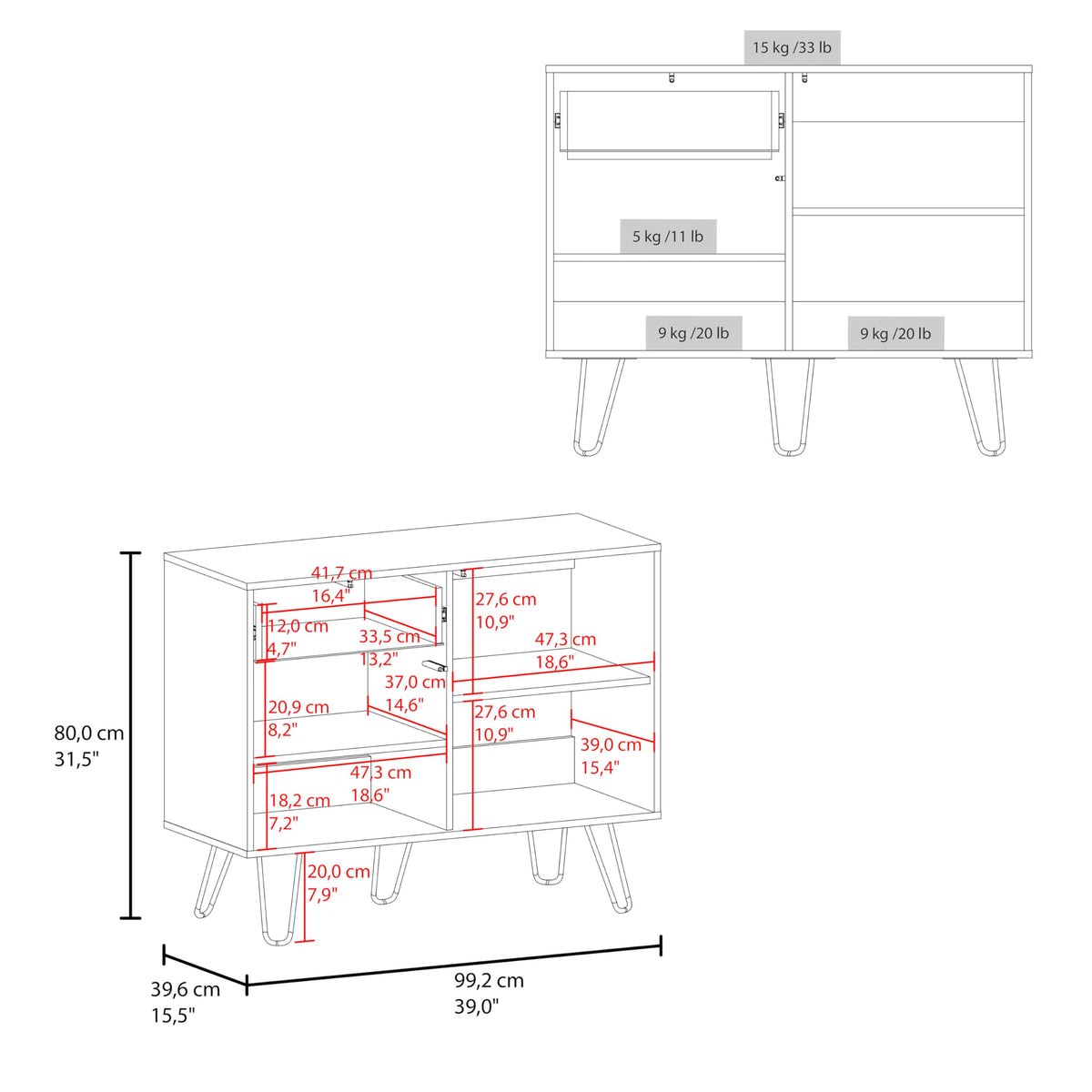 39" Wide Console Table with Two Cabinets, One Drawer and Four Shelves H6521