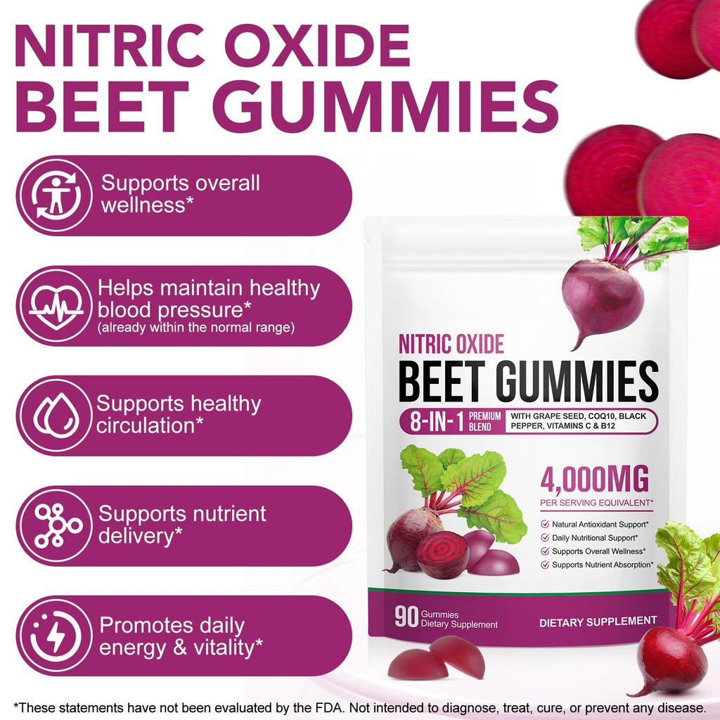 Beetroot Gummies 90 Gummies Beetroot Extract Supplement with COQ10 Vitamin C B12 Grape Seed Extract M348