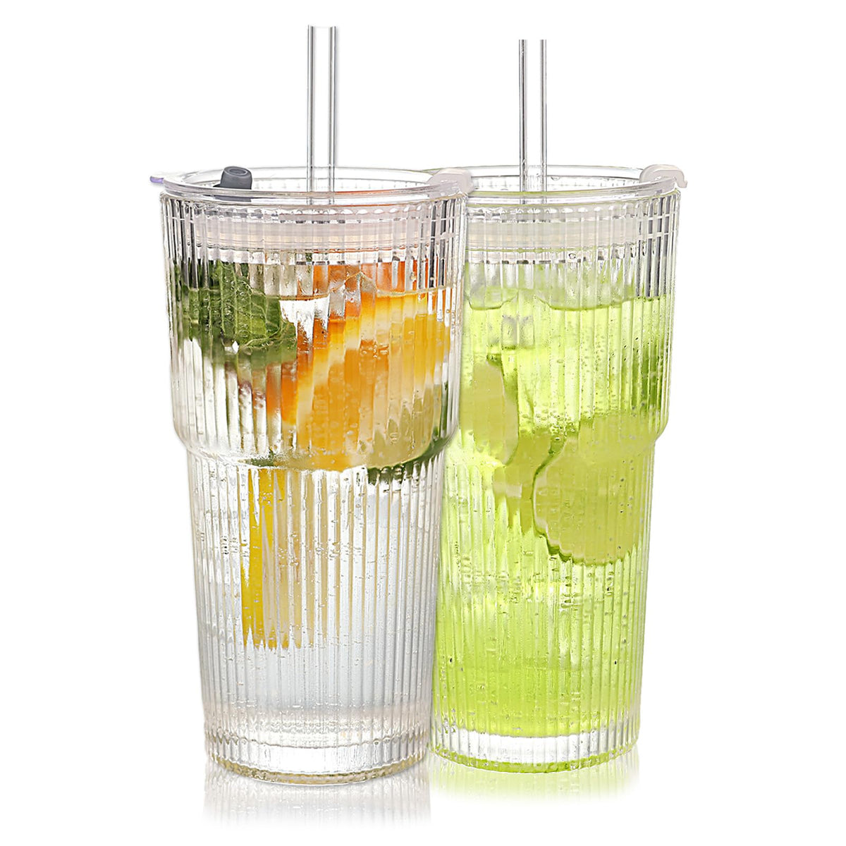 Set of 2 Ribbed Glass Tumbler with Lids and Straws P837