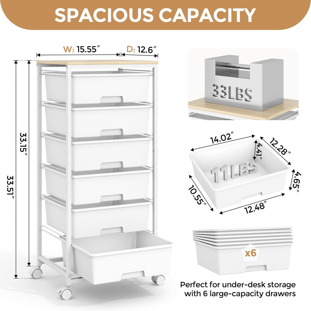 6 Drawer Rolling Storage Cart with Wooden Top and Wheels C47496