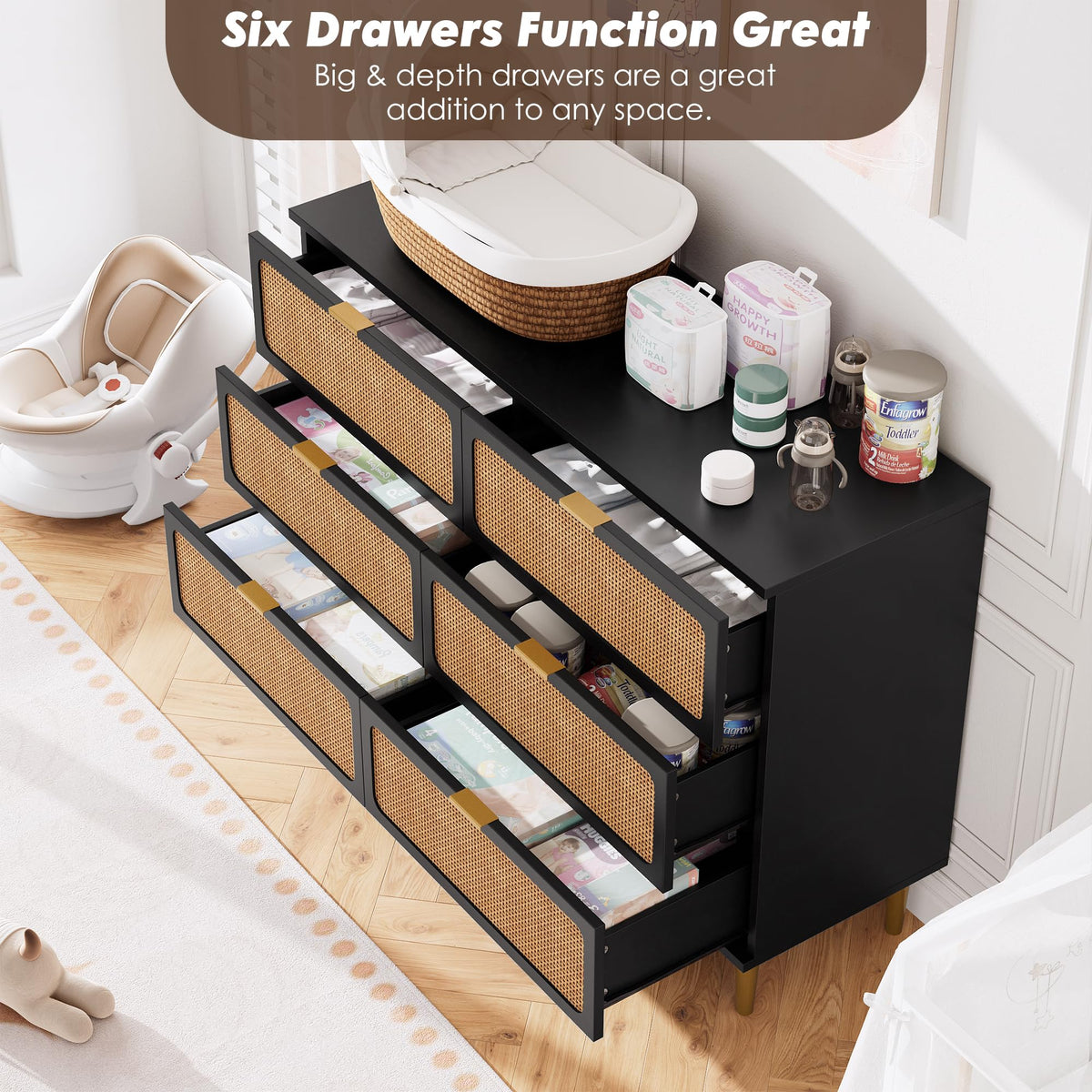 Black Rattan 6 Drawer Dresser M189