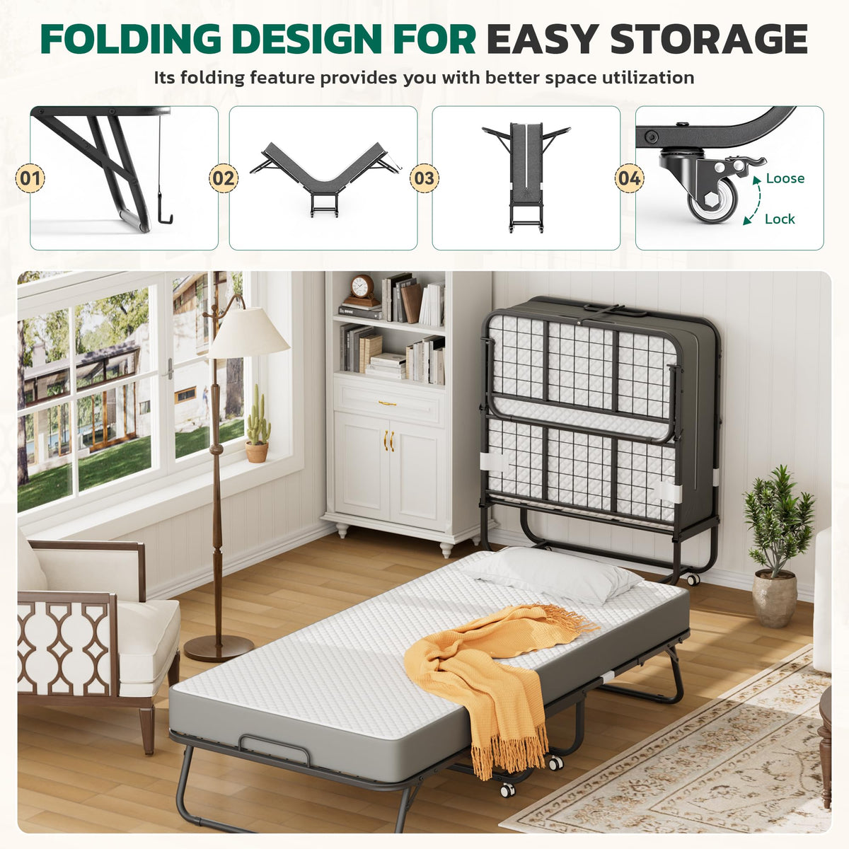 Folding Bed with 5" Memory Foam F924