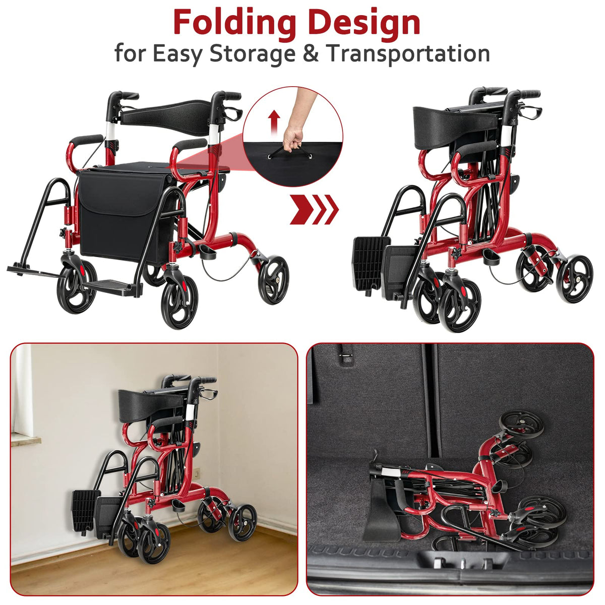 2-in-1 Folding Rollator Walker with Seat, Red O7911