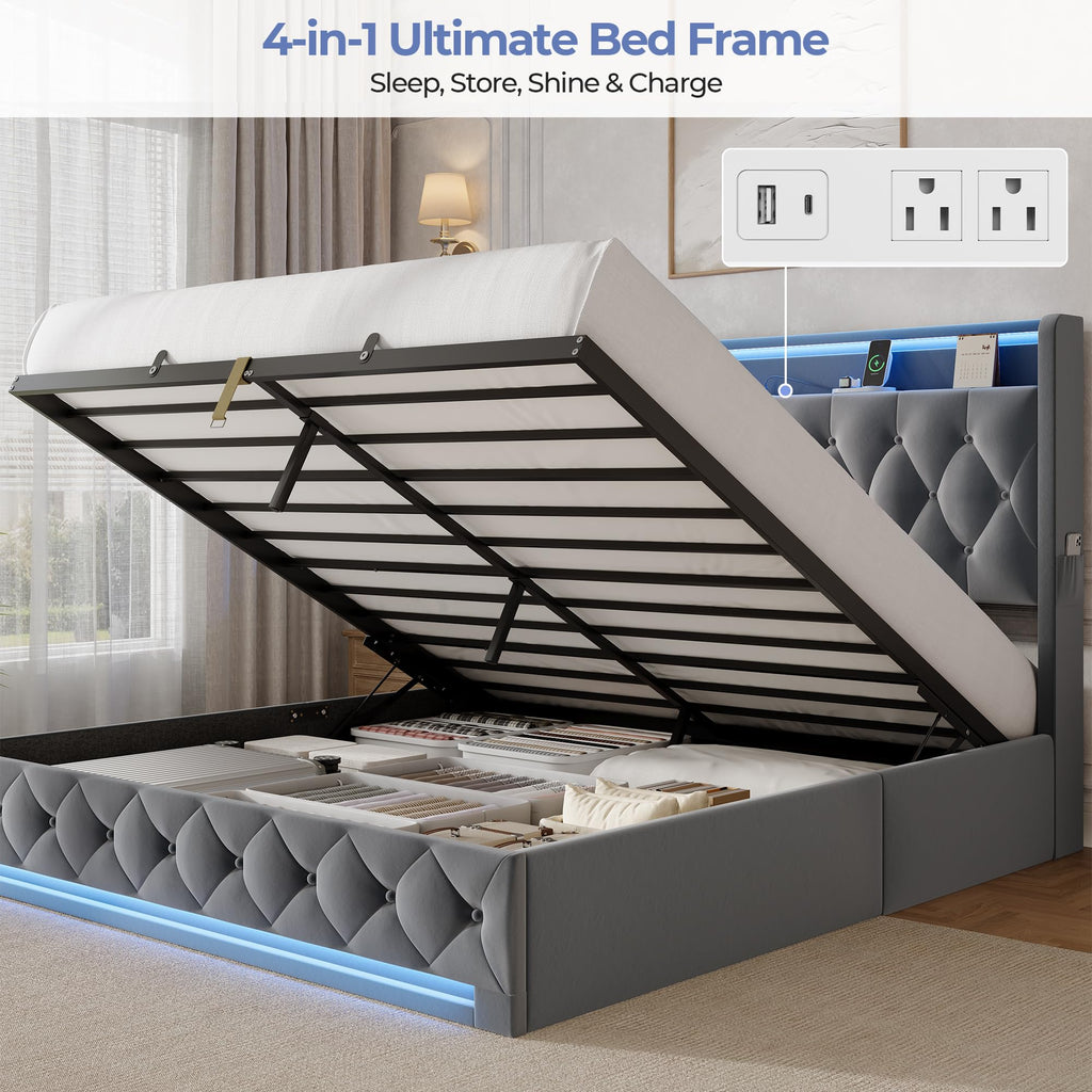Full Size Hydraulic Lift Up Storage Bed Frame with Shelves, Side Pockets & Charging Station, Upholstered LED Platform Bed with Button Tufted Headboard, No Box Spring Needed, Velvet Grey Q415