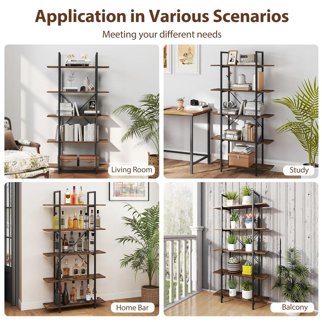5-Tier Rustic Brown Bookshelf with Metal Frame O71961
