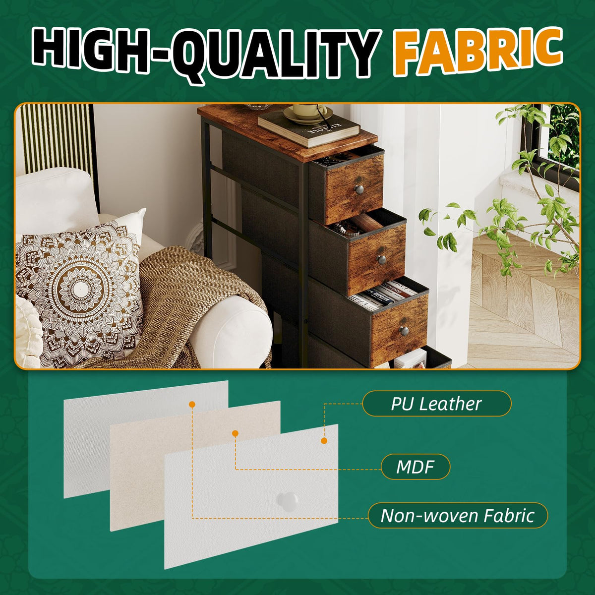Narrow 5 Fabric Drawers Rustic Brown Dresser N74321