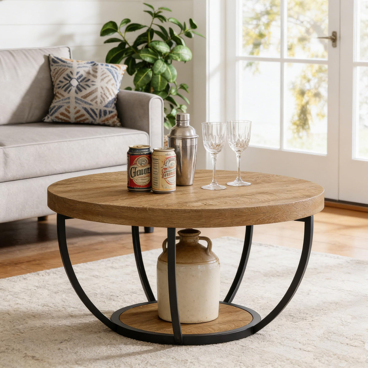Round 2-Tier Wood Coffee Table with Storage P758