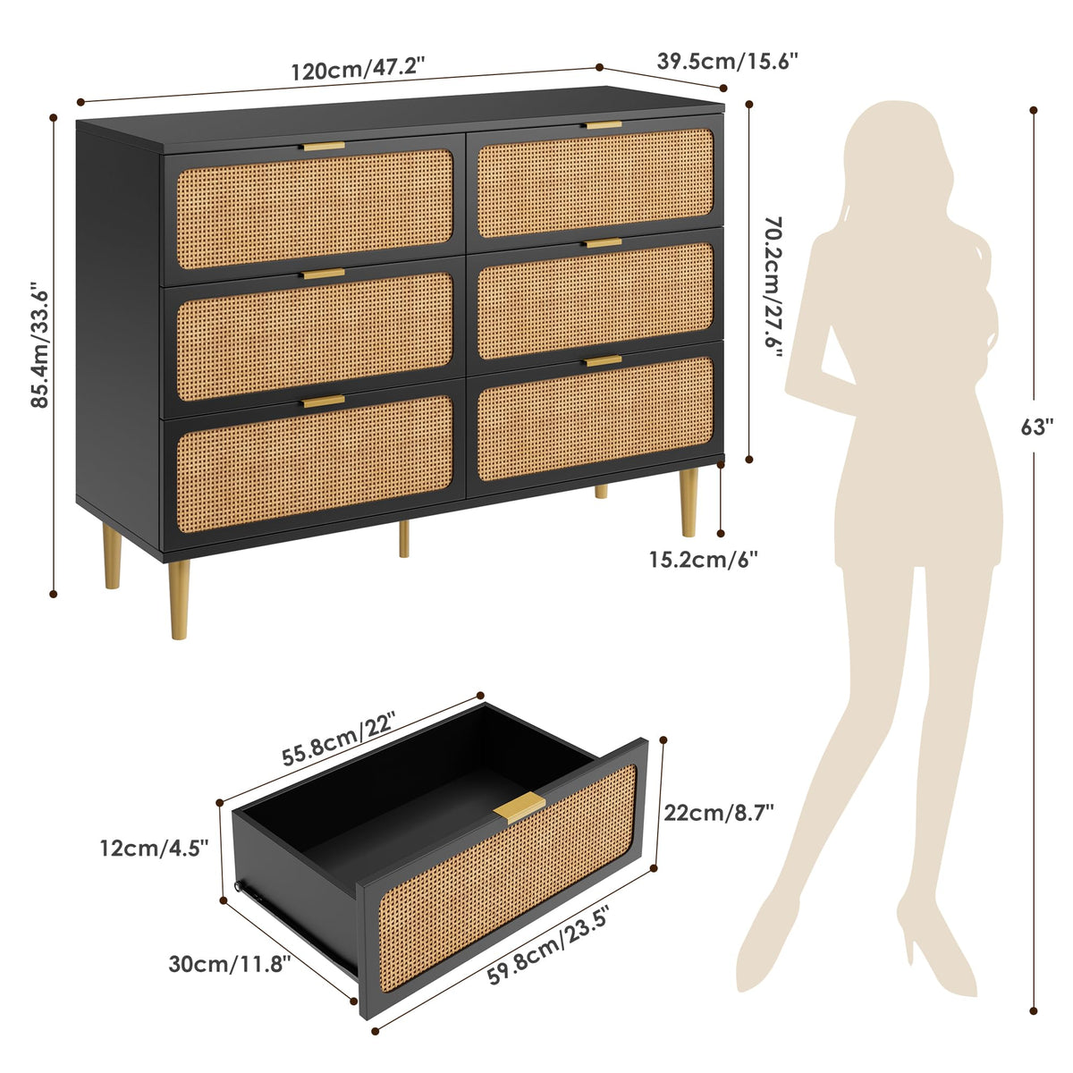 Black Rattan 6 Drawer Dresser M189