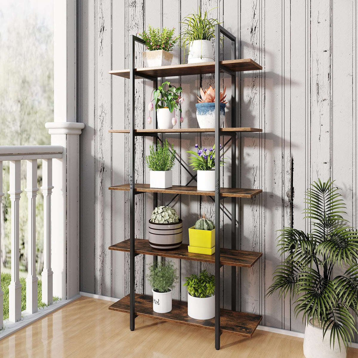 5-Tier Rustic Brown Bookshelf with Metal Frame O71961