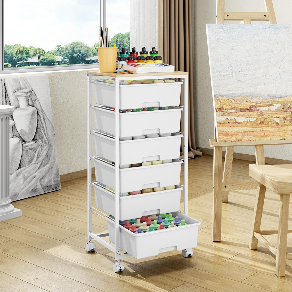 6 Drawer Rolling Storage Cart with Wooden Top and Wheels C47496