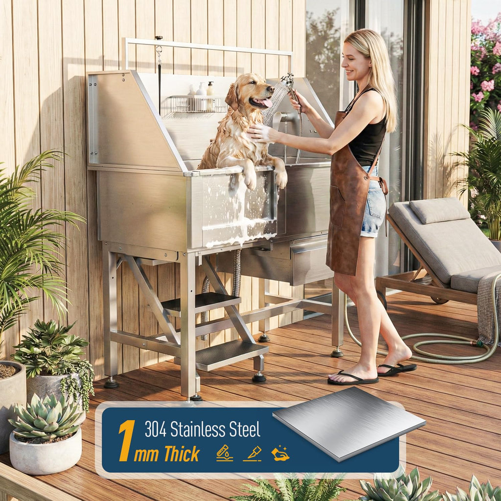 46" Stainless Steel Dog Washing Station with Removable Left Ramp & Storage Drawer H3141