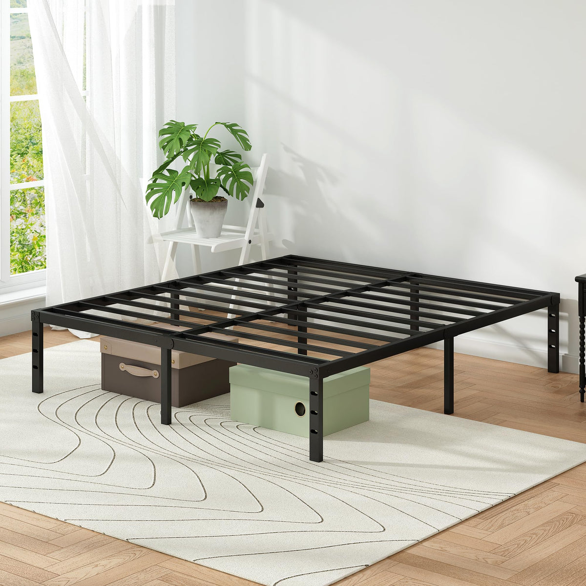 Black Metal Platform Bed Frame Full Size, 18 Inch Height with Underbed Storage I610