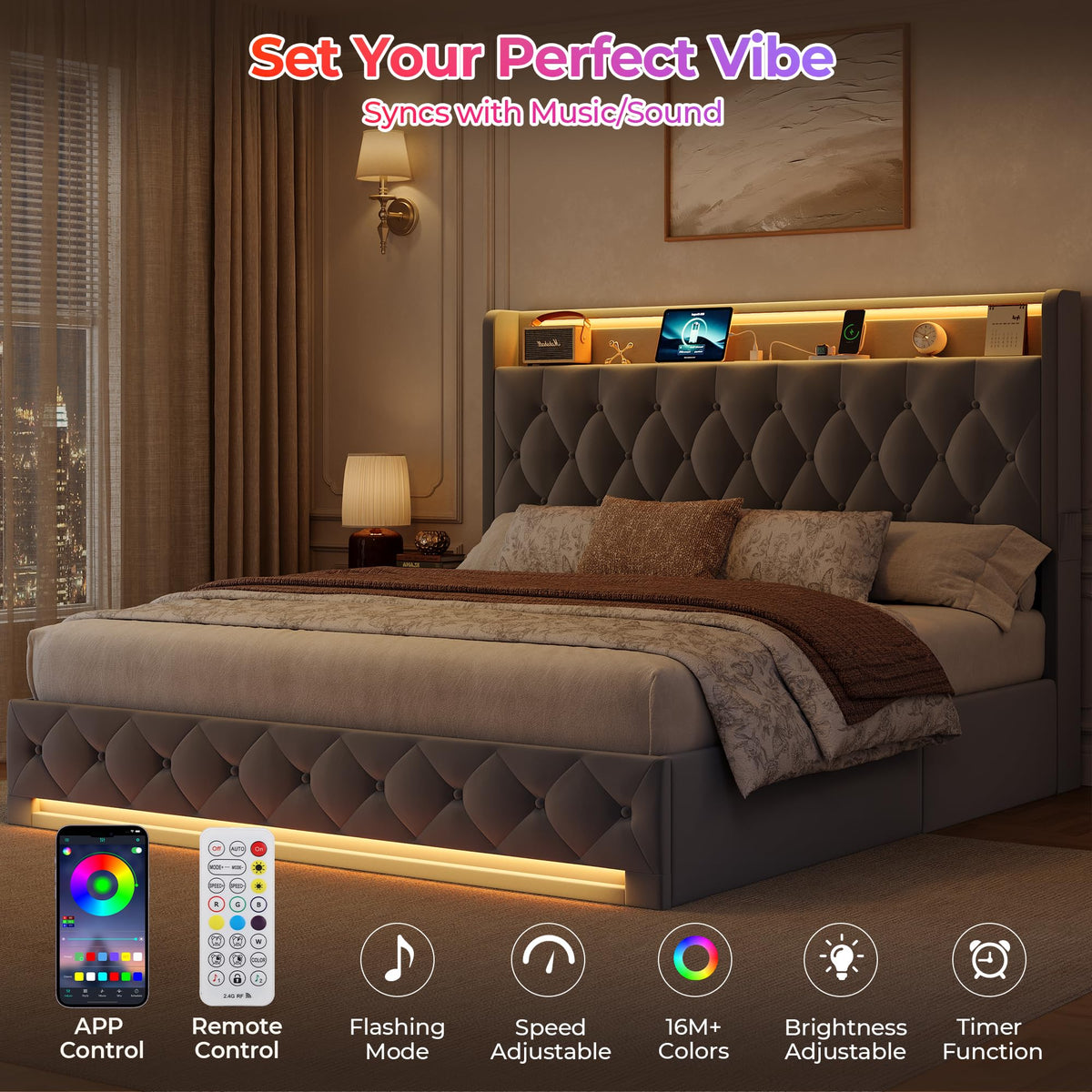 Full Size Hydraulic Lift Up Storage Bed Frame with Shelves, Side Pockets & Charging Station, Upholstered LED Platform Bed with Button Tufted Headboard, No Box Spring Needed, Velvet Grey Q415