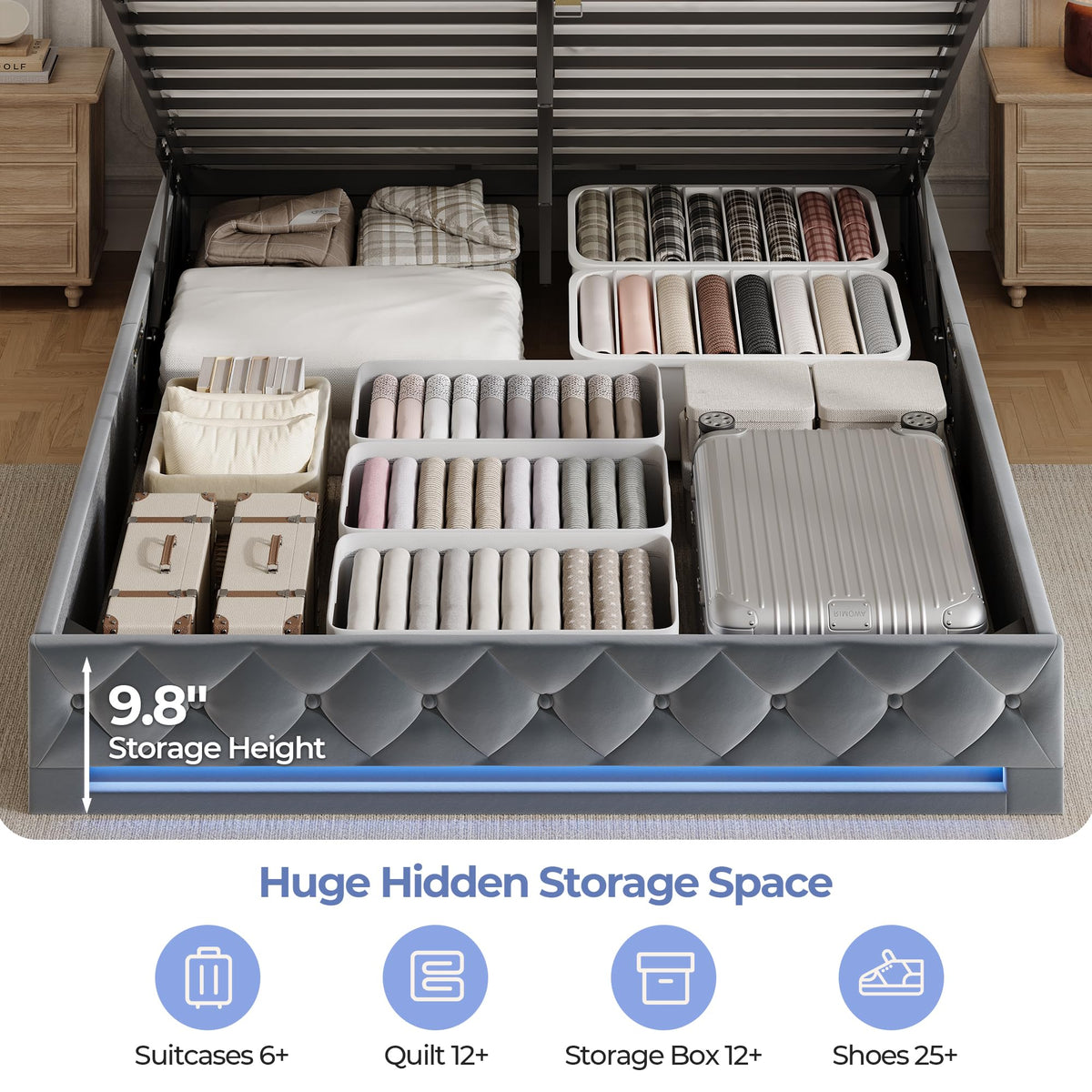 Full Size Hydraulic Lift Up Storage Bed Frame with Shelves, Side Pockets & Charging Station, Upholstered LED Platform Bed with Button Tufted Headboard, No Box Spring Needed, Velvet Grey Q415