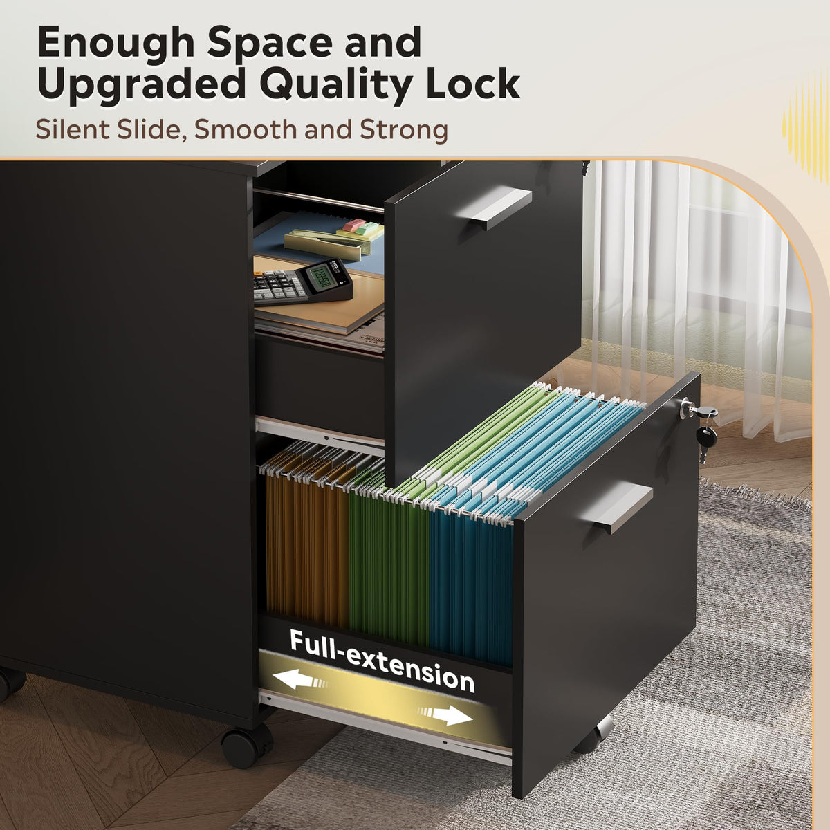 2 Drawer Wood File Cabinet with Lock, Black M64342