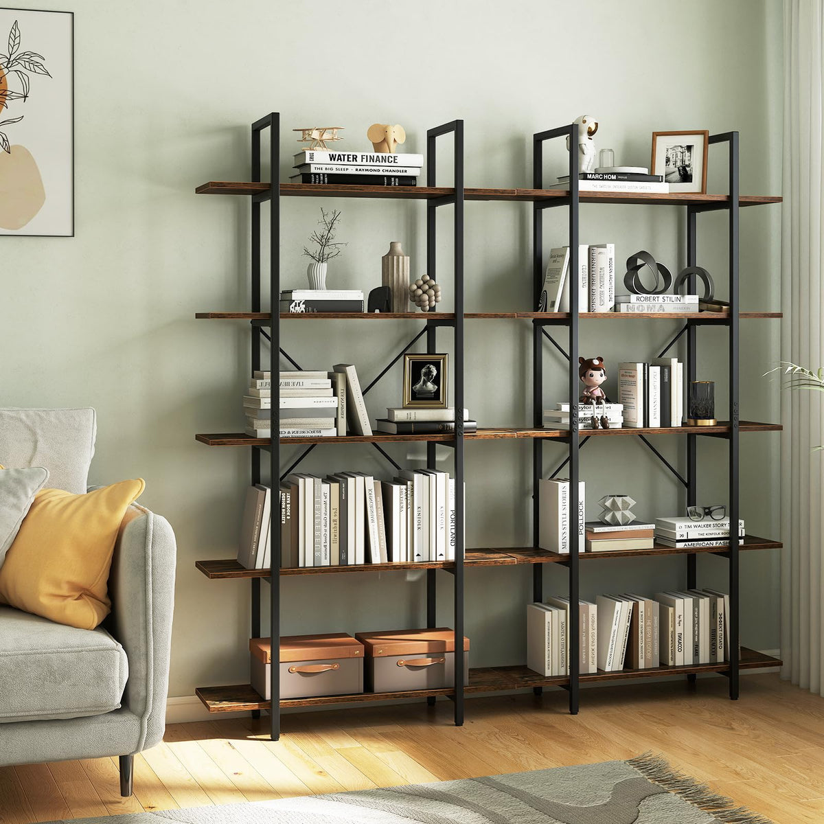5-Tier Rustic Brown Bookshelf with Metal Frame O71961