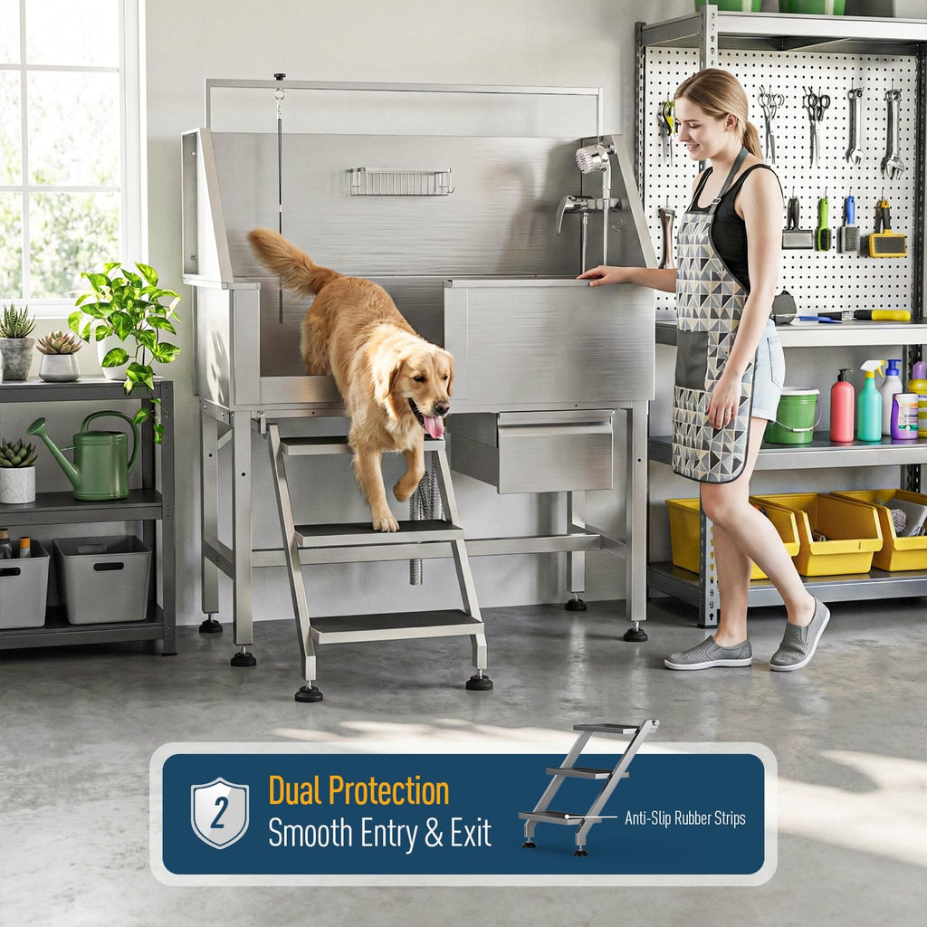 46" Stainless Steel Dog Washing Station with Removable Left Ramp & Storage Drawer H3141