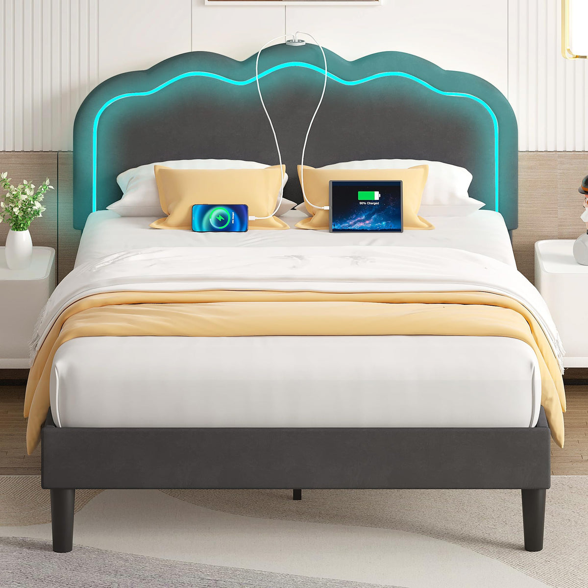 Queen Size Velvet Upholstered Platform Bed Frame with Headboard E433