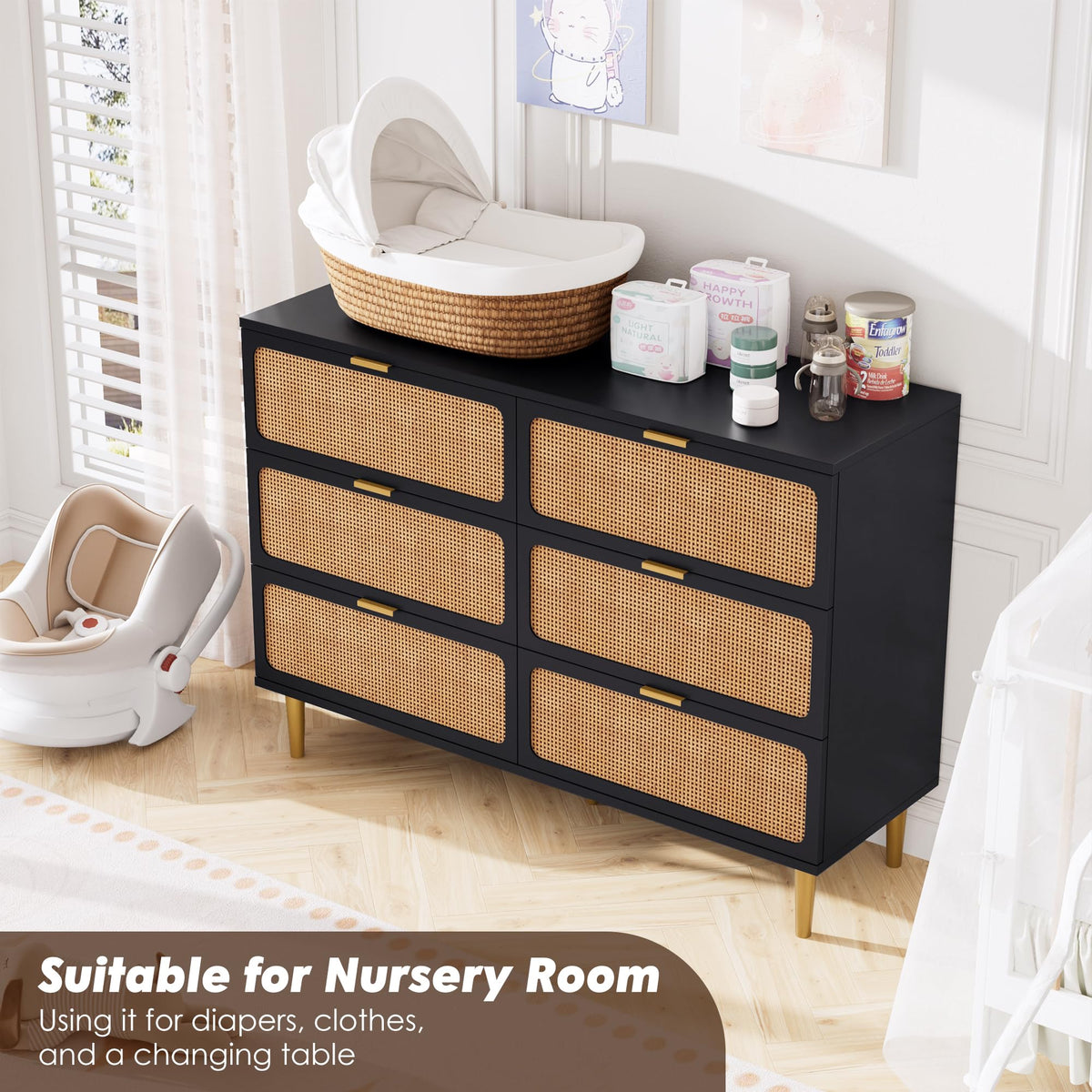 Black Rattan 6 Drawer Dresser M189
