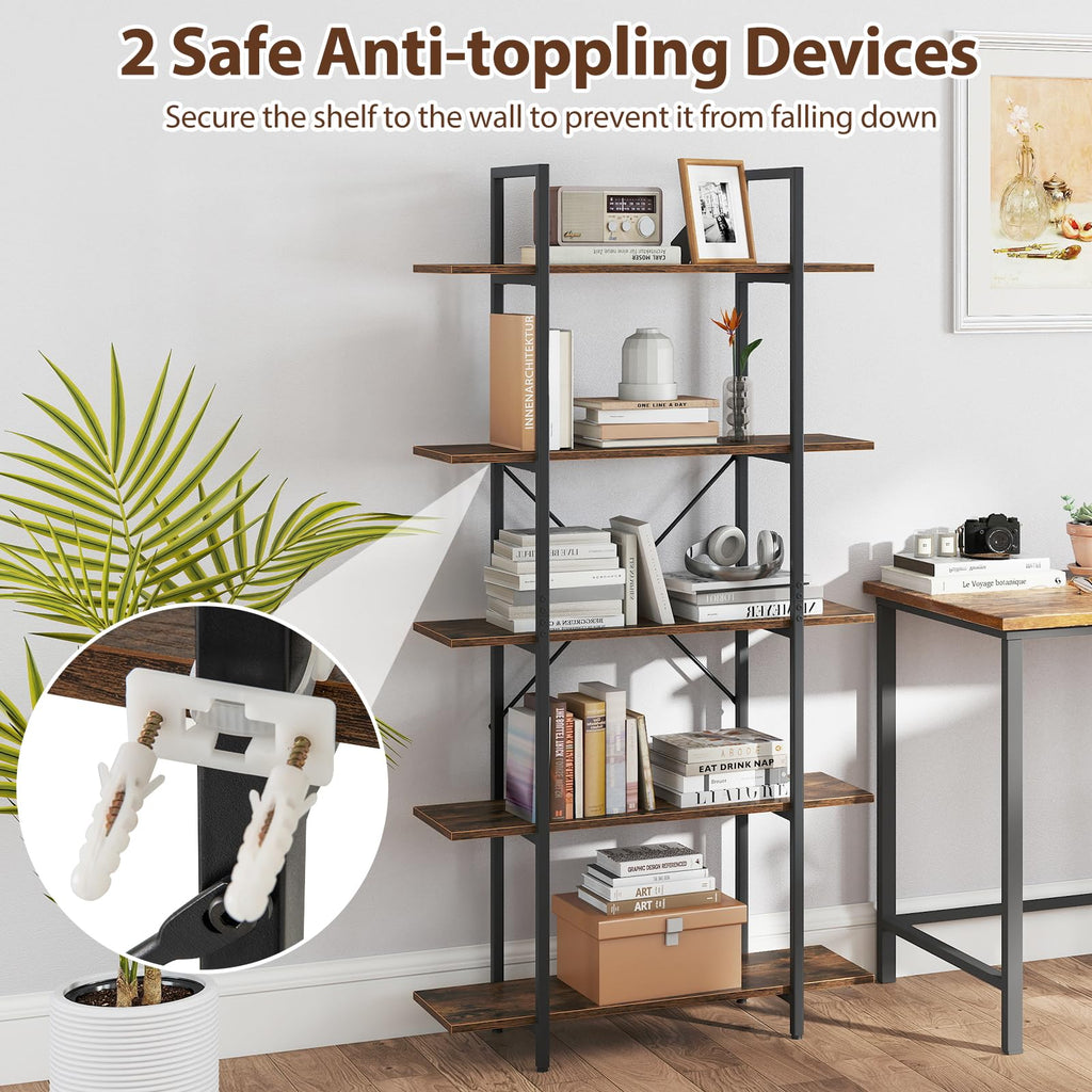 5-Tier Rustic Brown Bookshelf with Metal Frame O71961