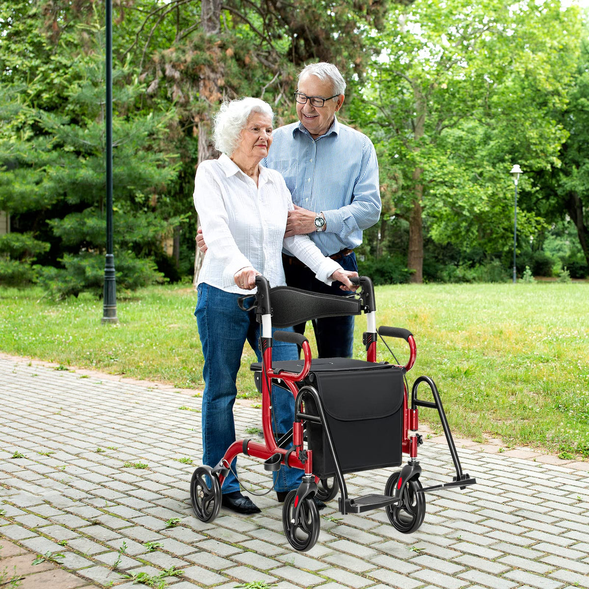 2-in-1 Folding Rollator Walker with Seat, Red O7911