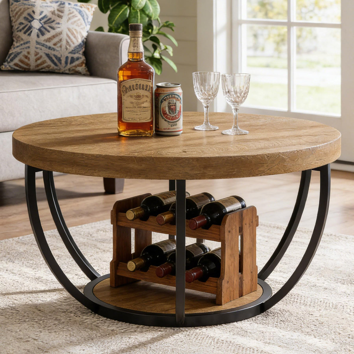Round 2-Tier Wood Coffee Table with Storage P758