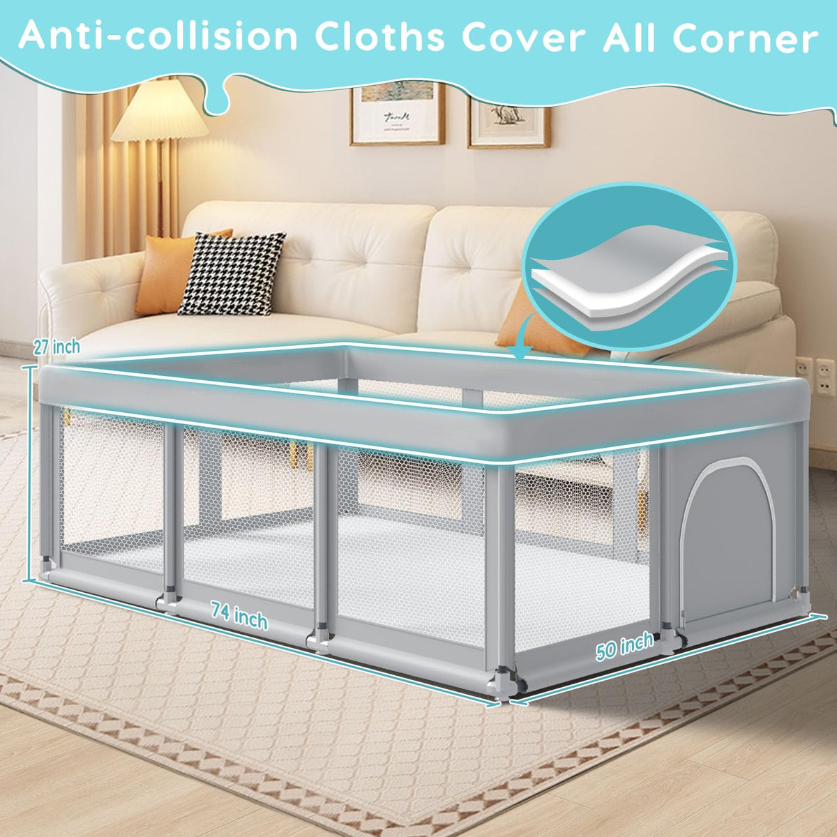 74" ×50" Large Baby Playpen with Soft Breathable Mesh, Grey Y103